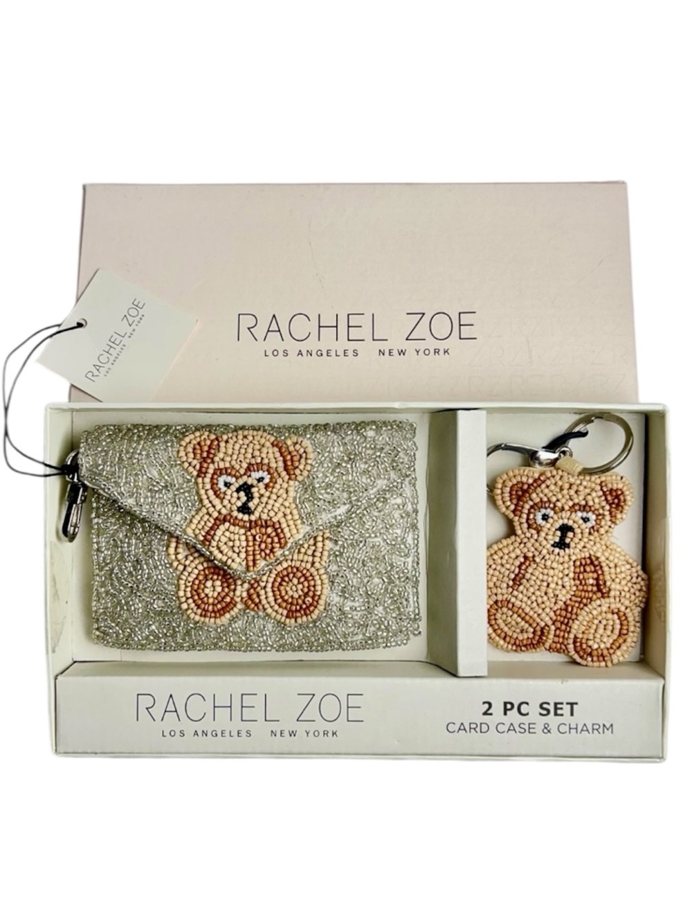 Rachel Zoe 2 Pc Set Beaded Silver Teddy Bear Card Case Wallet & Charm NIB